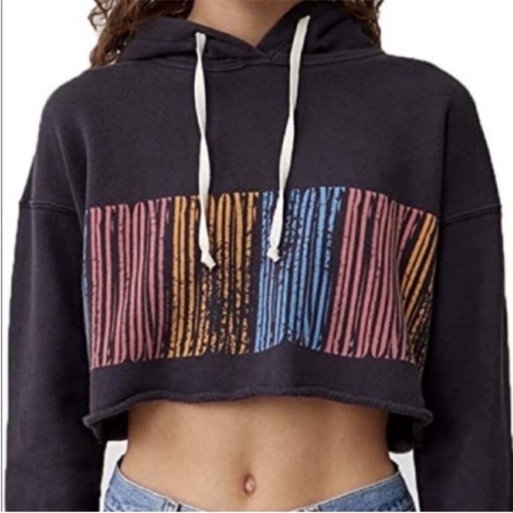 RE/DONE Logo Stripe Cropped Raw Hoodie - Washed Black Size XS